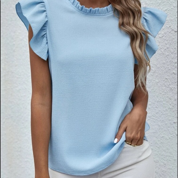 Elegant Classic Green Mock Neck Ruffle Butterfly Top Blouse Shirt - Picture 13 of 16